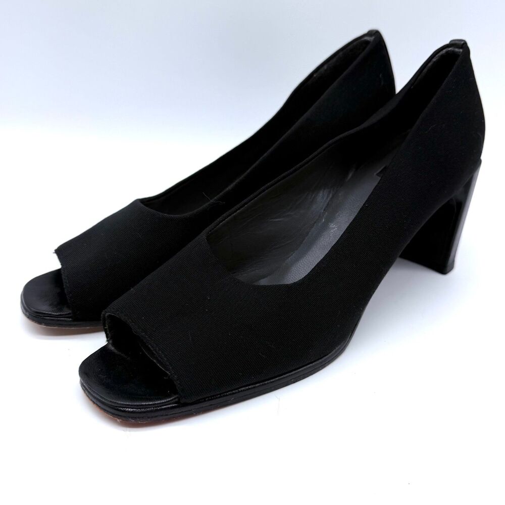 Stuart Weitzman Heels Narrow Peep Toe Capsule Black Fabric Slip On Wm 8